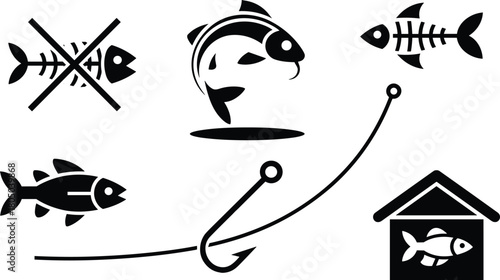 Fishing icons set, fish skeleton, hooks, no fishing sign, fish market symbol, aquatic life, seafood, black and white vector
