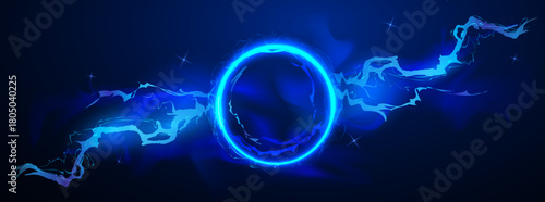 Neon blue circle with lightning discharges, magical energy ball. Vector Illustrator