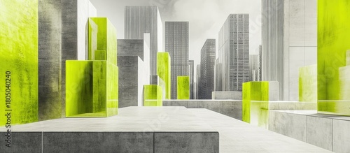 Fototapeta Naklejka Na Ścianę i Meble -  Abstract Architectural Cityscape with Neon Green Accents and Geometric Forms