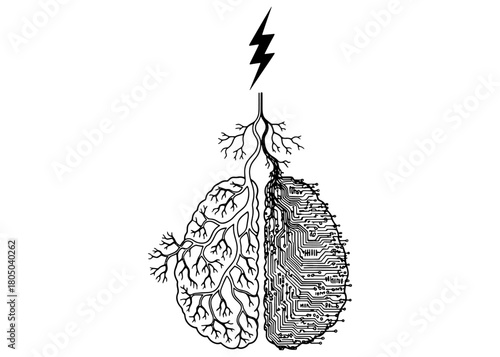  Artificial intelligence concept. Split brain with organic roots and digital circuits charged by lightning. Vector line art illustration.