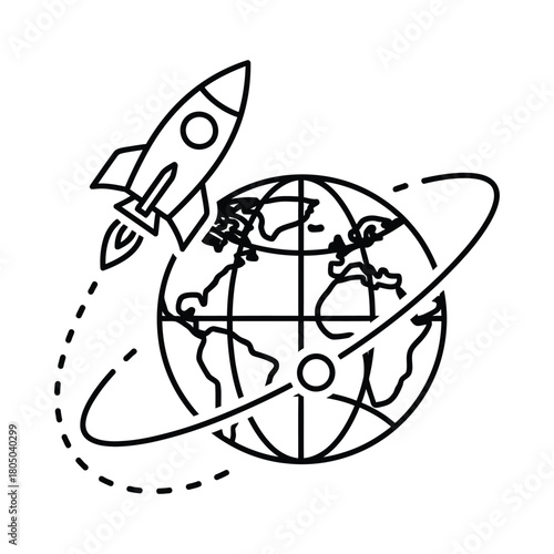 Rocket launching from earth in a stylized line art