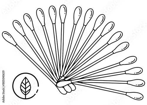 Eco-friendly bamboo cotton swabs arranged in a fan shape. Zero waste hygiene concept. Black and white line art vector illustration with leaf icon.