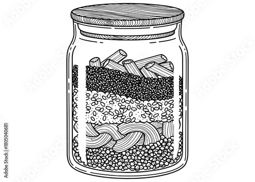  Glass jar filled with layers of dry pasta, grains, and seeds. Zero waste pantry storage concept. Black and white vector line art illustration.