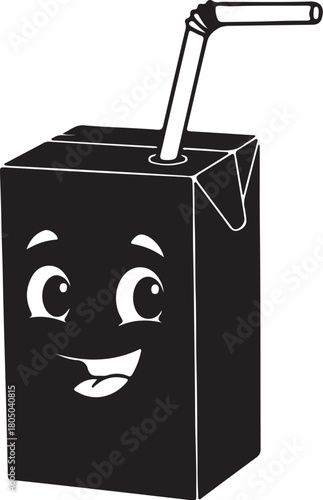 Black Silhouette of a Happy Juice Box Character with a Straw cartoon smiling on transparent background