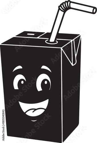 Black Silhouette of a Happy Juice Box Character with a Straw cartoon smiling on transparent background