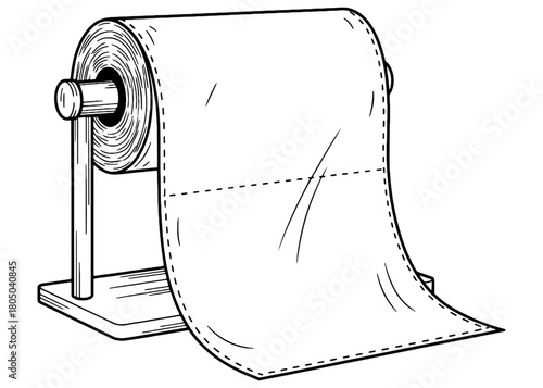  Reusable paper towel roll on a wooden stand. Eco-friendly washable unpaper towels for zero waste kitchen. Vector line art illustration.