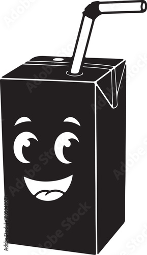 Black Silhouette of a Happy Juice Box with a Straw and a Smiling Face carton drink on transparent background
