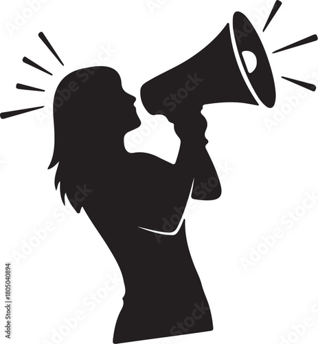 Black Silhouette of a Woman with a Megaphone Announcing announcement shouting on transparent background