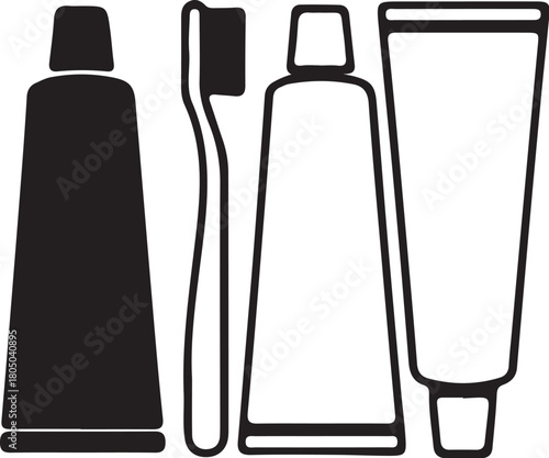 Black silhouette and white outline toothpaste tubes and toothbrushes arranged dental hygiene oral care on transparent background