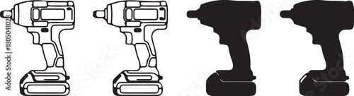 Impact Driver Silhouettes and Outlines generated traced on transparent background