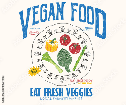 Vegan food artwork. Local vegetable market artwork for t shirt print, poster, sticker and other uses.