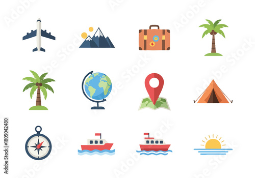 Summer Travel Icons Collection EPS – Plane Globe Beach Camping Cruise