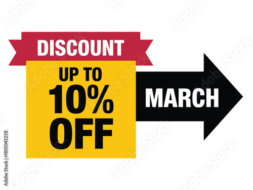Discount up to 10% off for the month of March is advertised with a graphic arrow.