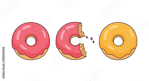 Set of three appealing donuts, including a pink frosted one, a bitten pink donut with sprinkles, and a yellow frosted donut.