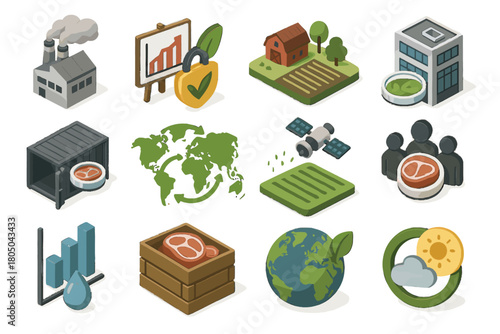Shipping donation bio icon container chain farmland monitoring impact vector meat symbol