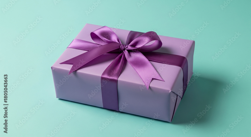 Fototapeta premium Purple gift box with matching satin ribbon bow on pastel background.