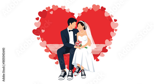 Stylish newlywed couple, bride and groom, sitting together with a beautiful bouquet in front of a large heart made of smaller hearts.