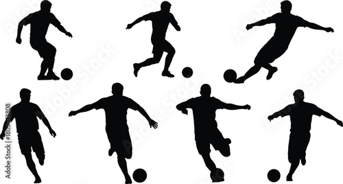 Silhouettes of soccer players kicking and dribbling ball, football athlete action poses for sports training, competition, game and fitness design