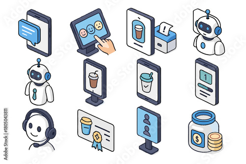 Vector ai feedback personalized chatbot barista loyalty greeting icon automated tip order