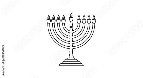 Minimalist black and white outline drawing of a traditional nine-branched menorah, symbolizing the Jewish holiday of Hanukkah.