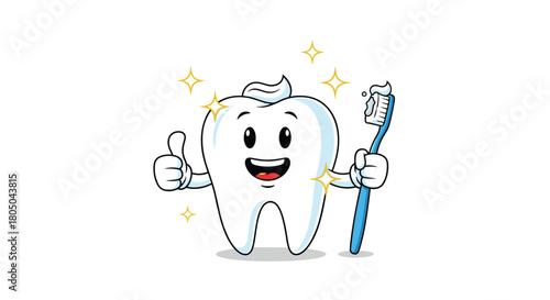 Sparkling, cheerful cartoon tooth giving a thumbs-up gesture and holding a toothbrush with toothpaste, promoting excellent dental hygiene.