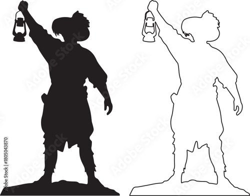 Wild man with lantern silhouette, tribal style character