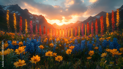 Fototapeta Naklejka Na Ścianę i Meble -  Vibrant wildflowers bloom in a mountain meadow at sunset, creating a breathtaking natural spectacle.