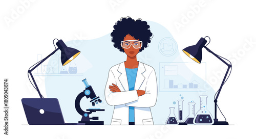 Confident black female scientist with curly hair, wearing a lab coat and safety goggles, standing arms crossed amidst laboratory equipment.