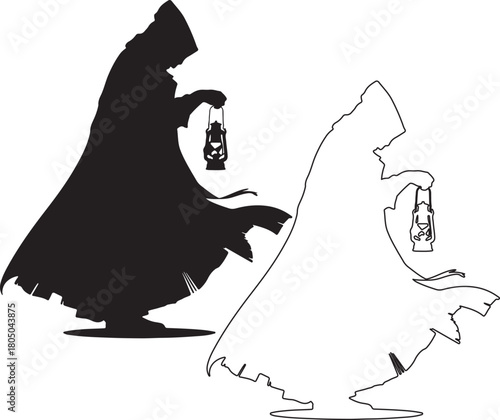 Cloaked ghostly figure with lantern silhouette