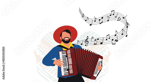 Cheerful bearded man wearing a hat, happily playing an accordion with musical notes gracefully floating around, signifying joy and rhythm.