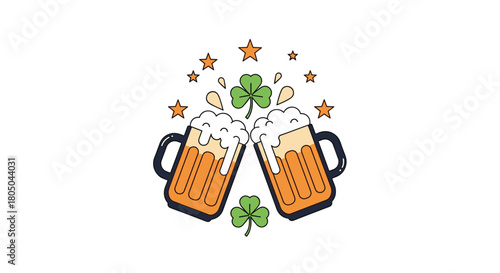 Festive St. Patrick's Day beer toast with two clinking mugs, surrounded by lucky shamrocks and celebratory stars, symbolizing joy.