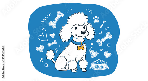 Adorable white poodle dog sitting gracefully, surrounded by charming hand-drawn doodles of bones, hearts, and paw prints on a blue background.