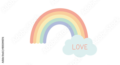 Soft pastel-colored rainbow arching gracefully with a gentle cloud inscribed with the word "LOVE," symbolizing hope and happiness.
