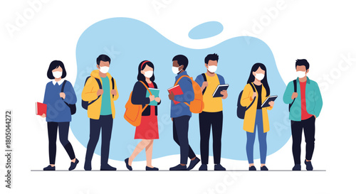Diverse group of students wearing protective face masks and carrying books and backpacks, navigating new academic environments safely.