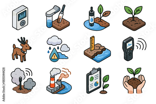 Measurement test vector monitor icon ecosystem icons volcanic environmental vegetation sensor quality