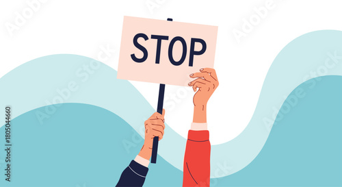Two hands firmly holding up a white sign displaying the word "STOP," set against an abstract blue and white background, symbolizing protest or caution.