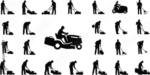 Silhouettes of workers mowing lawn with push and riding lawn mowers, gardening, landscaping, grass cutting, outdoor maintenance illustration