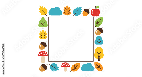 Decorative square frame adorned with an assortment of colorful autumn elements, including leaves, acorns, trees, mushrooms, and clouds.