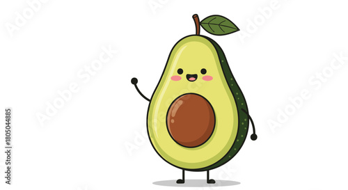 Adorable cartoon avocado character, perfectly sliced in half to reveal its pit, happily waving hello with a cheerful face.