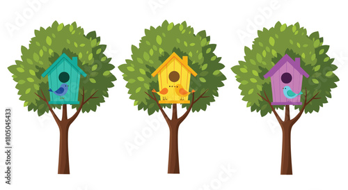 Three vibrant trees featuring colorful birdhouses each occupied by small birds on a white background.