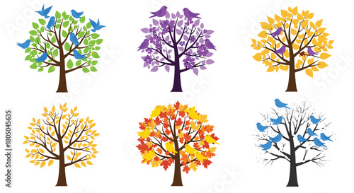 Collection of six stylized trees with birds representing various seasons, including spring bloom, summer foliage, autumn colors, and winter bareness.