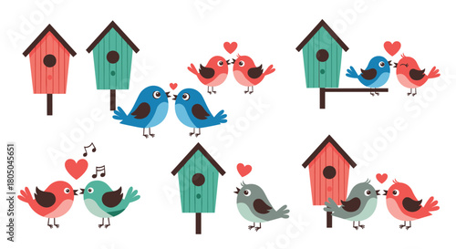 Charming collection of cartoon love birds showing affection next to colorful birdhouses in various sweet and romantic scenes.