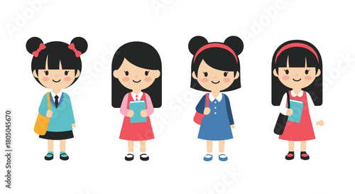 Set of four cheerful cartoon school girls in various uniforms carrying books and bags, ready for learning and education.