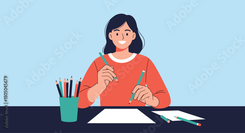 Happy young woman enthusiastically drawing or sketching with colored pencils on paper at a desk, surrounded by art supplies.