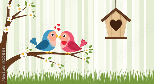 Adorable cartoon love birds perched on a blooming tree branch, exchanging kisses next to a charming heart-shaped birdhouse.