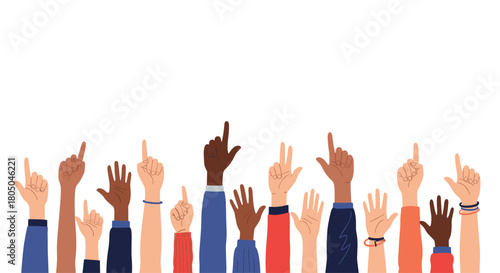 Diverse group of multiracial hands raised high in the air with index fingers pointing up, signifying participation, voting, or questions.