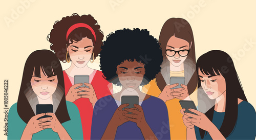Group of five diverse young women from different backgrounds intently looking at and engaging with their smartphones, showing screen glow on faces.