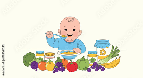 Cheerful baby sitting in a high chair, happily eating from a bowl with a spoon, surrounded by a healthy assortment of fruits and vegetables.