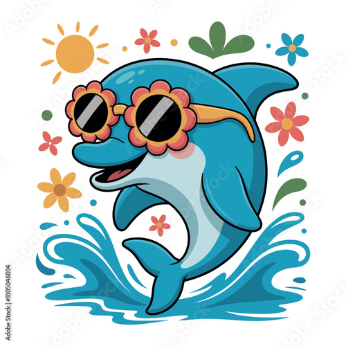 A cheerful dolphin wearing flower-shaped sunglasses jumps joyfully out of the ocean waves under a sunny sky surrounded by colorful flowers and foliage, conveying a feeling of summer fun and carefree