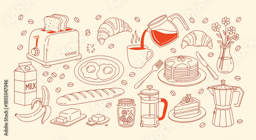 Doodle Style Breakfast Food Illustration with Bread, Croissants, Pancakes, Coffee, Eggs, Milk, Jam, and Flowers for a Fun, Whimsical Design